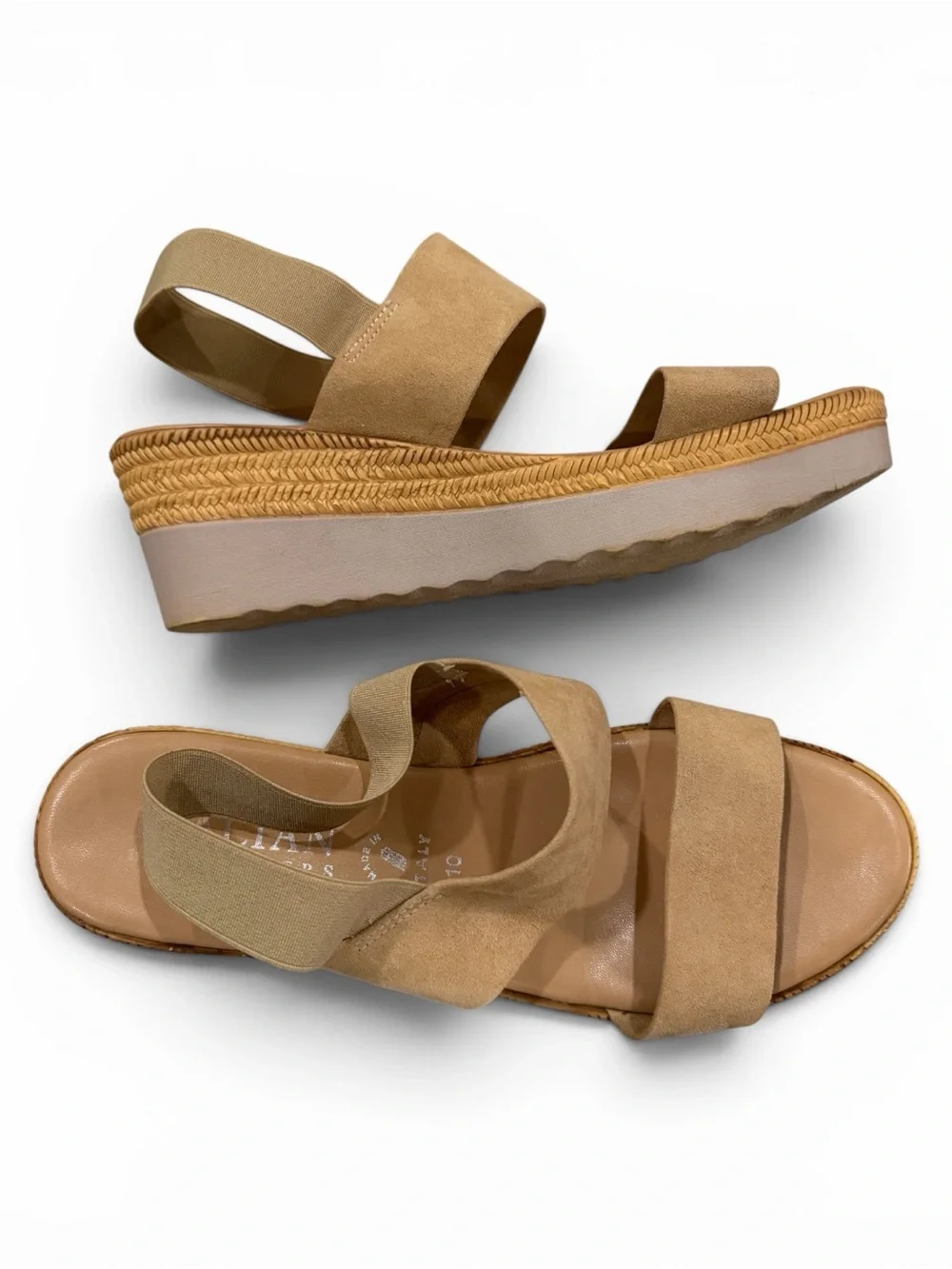 Itallian‎ Shoemakers Women's 10 Tan Leather Sling Back Wedge Platform Sandal S5